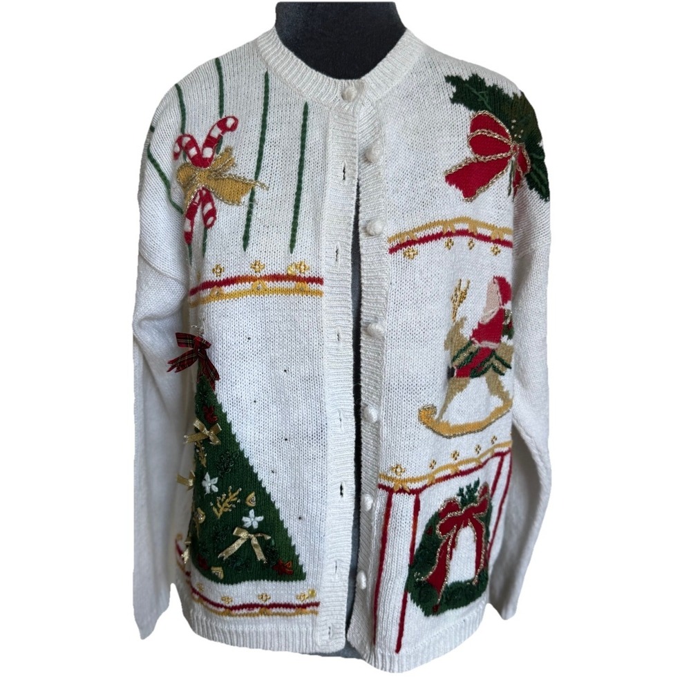 VTG Christmas Cardigan Cream Embroidered Tree Rocking Horse Holiday Sweater 16